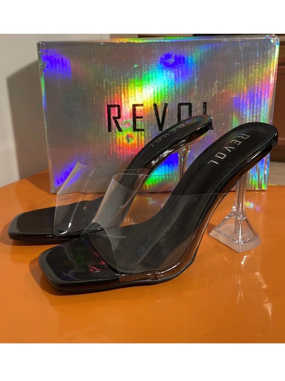 Clear Acrylic 4” Heels Plastic Band Slide On Size 6.5 Orig $34